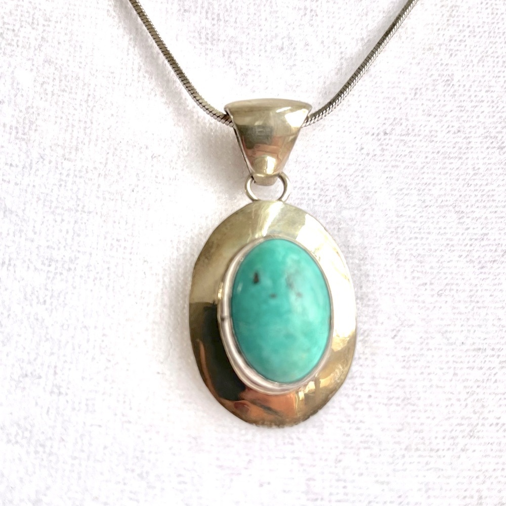 Navajo Harold Young Vintage Stamped Sterling Silver Turquoise Pendant and Chain.